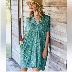 Peruvian Connection Turquoise Delphi Caftan Floral Tapestry Dress M/L NWOT